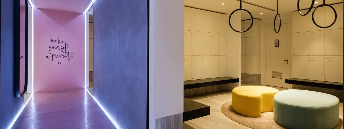 Pink corridor and changing lounge with vanity mirrors